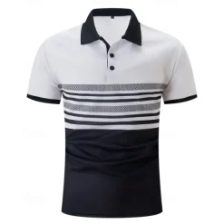 Online OUKU Men's Golf Shirt Golf Polos Shirts Work Casual Lapel Short Sleeve Basic Modern Striped Buttons Summer Regular Fit White Pink Red Royal Blue Green Khaki Golf Shirt