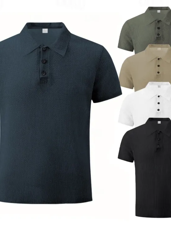 OUKU Men's Golf Shirt Golf Polos Shirts Work Casual Lapel Short Sleeve Basic Modern Plain Buttons Jacquard Summer Spring Regular Fit Black White Navy Blue Khaki Army Green Golf Shirt