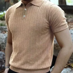 Sale OUKU Men's Golf Shirt Golf Polos Shirts Work Casual Lapel Short Sleeve Basic Modern Plain Vertical Stripes Buttons Summer Spring Regular Fit Black White Wine Khaki Light Grey Golf Shirt