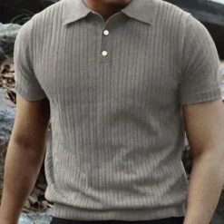 Sale OUKU Men's Golf Shirt Golf Polos Shirts Work Casual Lapel Short Sleeve Basic Modern Plain Vertical Stripes Buttons Summer Spring Regular Fit Black White Wine Khaki Light Grey Golf Shirt