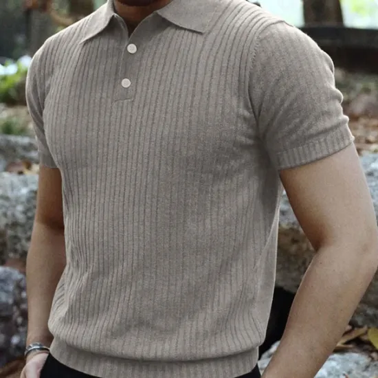 Sale OUKU Men's Golf Shirt Golf Polos Shirts Work Casual Lapel Short Sleeve Basic Modern Plain Vertical Stripes Buttons Summer Spring Regular Fit Black White Wine Khaki Light Grey Golf Shirt
