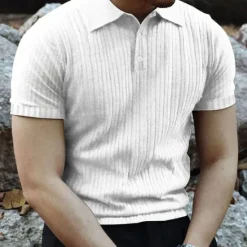 Sale OUKU Men's Golf Shirt Golf Polos Shirts Work Casual Lapel Short Sleeve Basic Modern Plain Vertical Stripes Buttons Summer Spring Regular Fit Black White Wine Khaki Light Grey Golf Shirt
