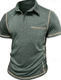 Outlet OUKU Men's Golf Shirt Golf Polos Shirts Work Casual Lapel Short Sleeve Basic Modern Color Block Patchwork Buttons Summer Regular Fit Black White Green Khaki Light Blue Gray Golf Shirt