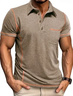 Outlet OUKU Men's Golf Shirt Golf Polos Shirts Work Casual Lapel Short Sleeve Basic Modern Color Block Patchwork Buttons Summer Regular Fit Black White Green Khaki Light Blue Gray Golf Shirt