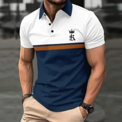 Online OUKU Men's Golf Shirt Golf Polo Work Casual Lapel Short Sleeve Basic Modern Color Block Patchwork Button Spring & Summer Regular Fit Black Dark navy Royal Blue Blue Orange Green Golf Shirt