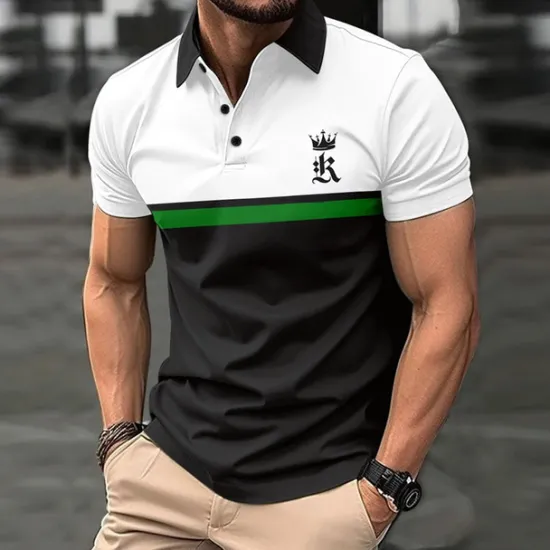 Online OUKU Men's Golf Shirt Golf Polo Work Casual Lapel Short Sleeve Basic Modern Color Block Patchwork Button Spring & Summer Regular Fit Black Dark navy Royal Blue Blue Orange Green Golf Shirt