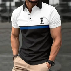 Online OUKU Men's Golf Shirt Golf Polo Work Casual Lapel Short Sleeve Basic Modern Color Block Patchwork Button Spring & Summer Regular Fit Black Dark navy Royal Blue Blue Orange Green Golf Shirt