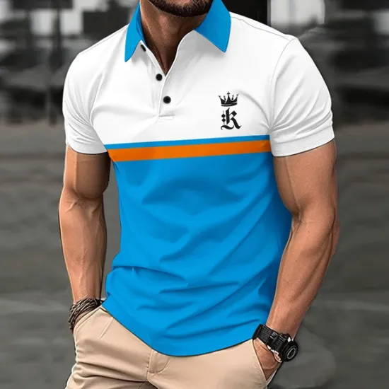 Online OUKU Men's Golf Shirt Golf Polo Work Casual Lapel Short Sleeve Basic Modern Color Block Patchwork Button Spring & Summer Regular Fit Black Dark navy Royal Blue Blue Orange Green Golf Shirt