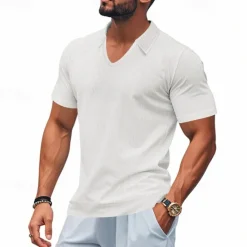 Hot OUKU Men's Golf Shirt Golf Polos Shirts Work Casual V Neck Short Sleeve Basic Modern Plain Jacquard Summer Spring Regular Fit Apricot White Brown Light Grey Army Green Light Blue Golf Shirt