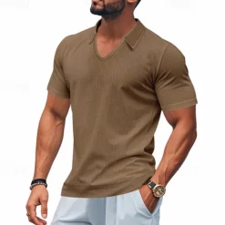Hot OUKU Men's Golf Shirt Golf Polos Shirts Work Casual V Neck Short Sleeve Basic Modern Plain Jacquard Summer Spring Regular Fit Apricot White Brown Light Grey Army Green Light Blue Golf Shirt
