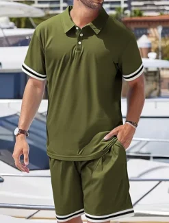 OUKU Men's Golf Shirt Golf Polos Shirts Work Casual Lapel Short Sleeve Basic Modern Color Block Patchwork 2 Piece Summer Regular Fit Black White Navy Blue Dark Green Khaki Light Grey Golf Shirt