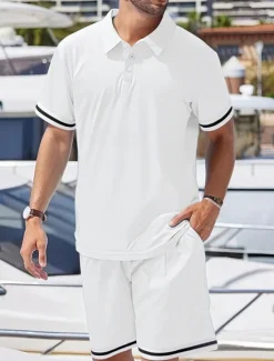 OUKU Men's Golf Shirt Golf Polos Shirts Work Casual Lapel Short Sleeve Basic Modern Color Block Patchwork 2 Piece Summer Regular Fit Black White Navy Blue Dark Green Khaki Light Grey Golf Shirt