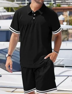 OUKU Men's Golf Shirt Golf Polos Shirts Work Casual Lapel Short Sleeve Basic Modern Color Block Patchwork 2 Piece Summer Regular Fit Black White Navy Blue Dark Green Khaki Light Grey Golf Shirt