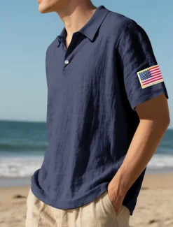 Clearance OUKU Men's Golf Shirt Golf Polos Shirts Work Casual Lapel Short Sleeve Basic Modern American US Flag Buttons Summer Regular Fit Light Khaki Black White Navy Blue Army Green Gray Golf Shirt
