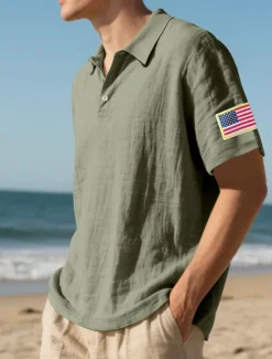 Clearance OUKU Men's Golf Shirt Golf Polos Shirts Work Casual Lapel Short Sleeve Basic Modern American US Flag Buttons Summer Regular Fit Light Khaki Black White Navy Blue Army Green Gray Golf Shirt