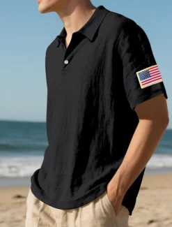 Clearance OUKU Men's Golf Shirt Golf Polos Shirts Work Casual Lapel Short Sleeve Basic Modern American US Flag Buttons Summer Regular Fit Light Khaki Black White Navy Blue Army Green Gray Golf Shirt
