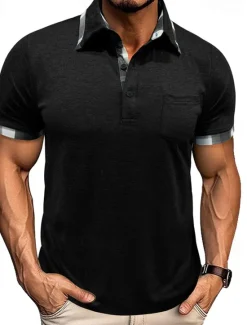 Hot OUKU Men's Golf Shirt Golf Polos Shirts Work Casual Lapel Short Sleeve Basic Modern Plaid Color Block Patchwork Buttons Summer Spring Regular Fit Wine Black Blue Green Khaki Light Grey Golf Shirt