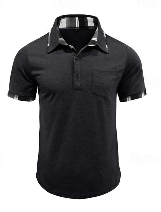 Hot OUKU Men's Golf Shirt Golf Polos Shirts Work Casual Lapel Short Sleeve Basic Modern Plaid Color Block Patchwork Buttons Summer Spring Regular Fit Wine Black Blue Green Khaki Light Grey Golf Shirt