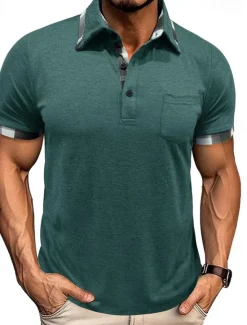 Hot OUKU Men's Golf Shirt Golf Polos Shirts Work Casual Lapel Short Sleeve Basic Modern Plaid Color Block Patchwork Buttons Summer Spring Regular Fit Wine Black Blue Green Khaki Light Grey Golf Shirt