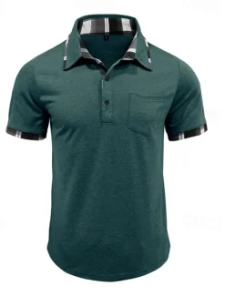 Hot OUKU Men's Golf Shirt Golf Polos Shirts Work Casual Lapel Short Sleeve Basic Modern Plaid Color Block Patchwork Buttons Summer Spring Regular Fit Wine Black Blue Green Khaki Light Grey Golf Shirt