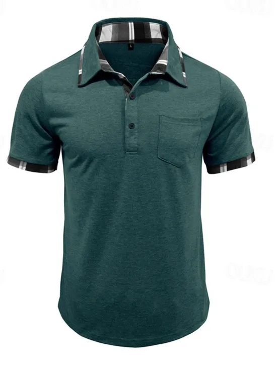 Hot OUKU Men's Golf Shirt Golf Polos Shirts Work Casual Lapel Short Sleeve Basic Modern Plaid Color Block Patchwork Buttons Summer Spring Regular Fit Wine Black Blue Green Khaki Light Grey Golf Shirt