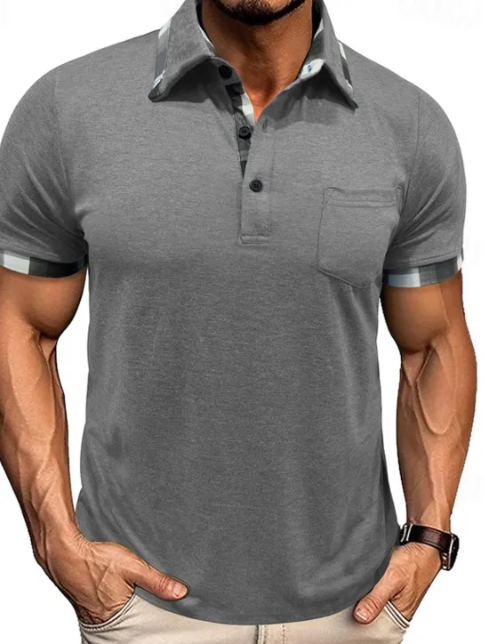 Hot OUKU Men's Golf Shirt Golf Polos Shirts Work Casual Lapel Short Sleeve Basic Modern Plaid Color Block Patchwork Buttons Summer Spring Regular Fit Wine Black Blue Green Khaki Light Grey Golf Shirt