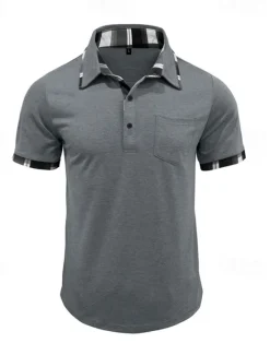 Hot OUKU Men's Golf Shirt Golf Polos Shirts Work Casual Lapel Short Sleeve Basic Modern Plaid Color Block Patchwork Buttons Summer Spring Regular Fit Wine Black Blue Green Khaki Light Grey Golf Shirt