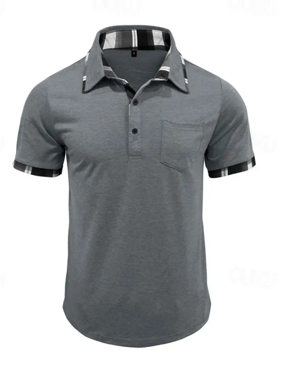 Hot OUKU Men's Golf Shirt Golf Polos Shirts Work Casual Lapel Short Sleeve Basic Modern Plaid Color Block Patchwork Buttons Summer Spring Regular Fit Wine Black Blue Green Khaki Light Grey Golf Shirt