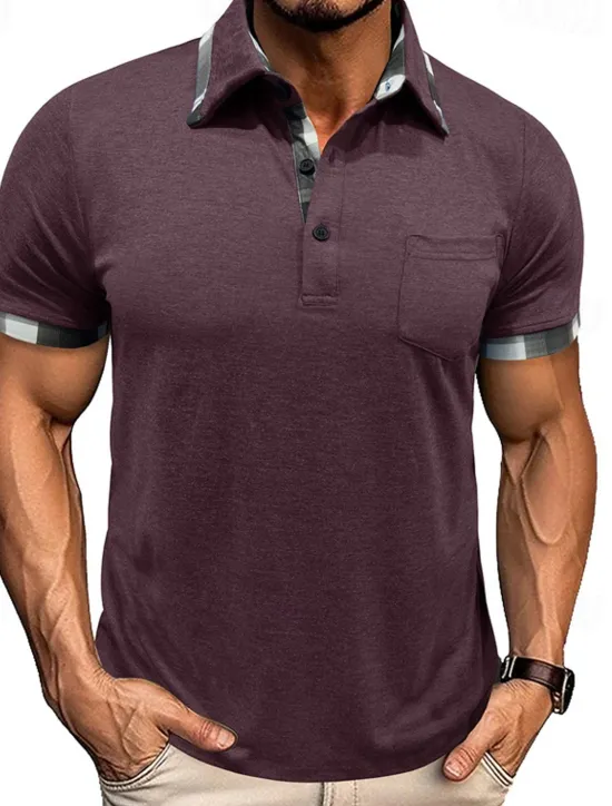 Hot OUKU Men's Golf Shirt Golf Polos Shirts Work Casual Lapel Short Sleeve Basic Modern Plaid Color Block Patchwork Buttons Summer Spring Regular Fit Wine Black Blue Green Khaki Light Grey Golf Shirt