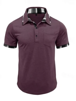 Hot OUKU Men's Golf Shirt Golf Polos Shirts Work Casual Lapel Short Sleeve Basic Modern Plaid Color Block Patchwork Buttons Summer Spring Regular Fit Wine Black Blue Green Khaki Light Grey Golf Shirt