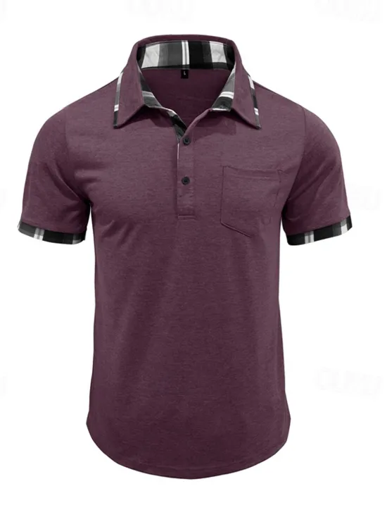 Hot OUKU Men's Golf Shirt Golf Polos Shirts Work Casual Lapel Short Sleeve Basic Modern Plaid Color Block Patchwork Buttons Summer Spring Regular Fit Wine Black Blue Green Khaki Light Grey Golf Shirt