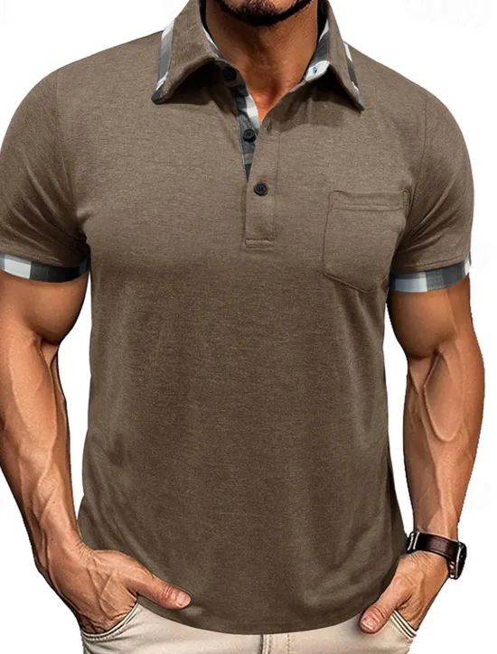 Hot OUKU Men's Golf Shirt Golf Polos Shirts Work Casual Lapel Short Sleeve Basic Modern Plaid Color Block Patchwork Buttons Summer Spring Regular Fit Wine Black Blue Green Khaki Light Grey Golf Shirt