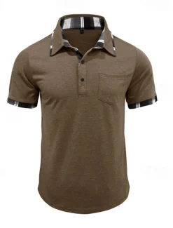 Hot OUKU Men's Golf Shirt Golf Polos Shirts Work Casual Lapel Short Sleeve Basic Modern Plaid Color Block Patchwork Buttons Summer Spring Regular Fit Wine Black Blue Green Khaki Light Grey Golf Shirt