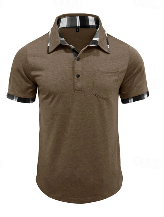 Hot OUKU Men's Golf Shirt Golf Polos Shirts Work Casual Lapel Short Sleeve Basic Modern Plaid Color Block Patchwork Buttons Summer Spring Regular Fit Wine Black Blue Green Khaki Light Grey Golf Shirt