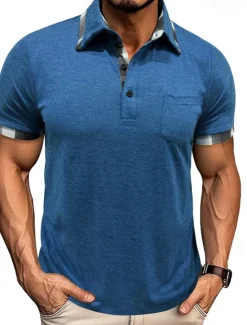 Hot OUKU Men's Golf Shirt Golf Polos Shirts Work Casual Lapel Short Sleeve Basic Modern Plaid Color Block Patchwork Buttons Summer Spring Regular Fit Wine Black Blue Green Khaki Light Grey Golf Shirt