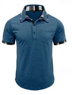 Hot OUKU Men's Golf Shirt Golf Polos Shirts Work Casual Lapel Short Sleeve Basic Modern Plaid Color Block Patchwork Buttons Summer Spring Regular Fit Wine Black Blue Green Khaki Light Grey Golf Shirt