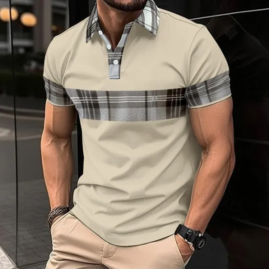 Discount OUKU Men's Golf Shirt Golf Polo Work Casual Lapel Short Sleeve Basic Modern Plaid Color Block Patchwork Button Spring & Summer Regular Fit Black White Blue khaki Golf Shirt