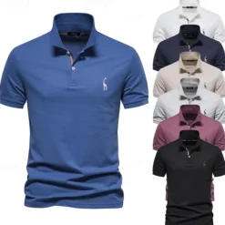 Clearance OUKU Men's Golf Shirt Golf Polo Work Casual Lapel Short Sleeve Basic Modern Deer Button Embroidery Spring & Summer Regular Fit Black White Navy Blue Blue Fuchsia Green Golf Shirt