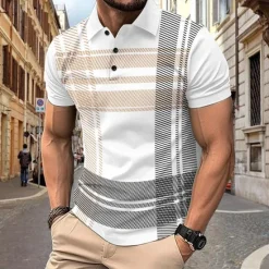 Online OUKU Men's Golf Shirt Golf Polo Work Casual Lapel Short Sleeve Basic Modern Plaid Button Spring & Summer Regular Fit Black White Red Navy Blue Golf Shirt
