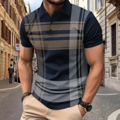 Online OUKU Men's Golf Shirt Golf Polo Work Casual Lapel Short Sleeve Basic Modern Plaid Button Spring & Summer Regular Fit Black White Red Navy Blue Golf Shirt