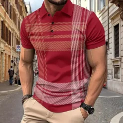 Online OUKU Men's Golf Shirt Golf Polo Work Casual Lapel Short Sleeve Basic Modern Plaid Button Spring & Summer Regular Fit Black White Red Navy Blue Golf Shirt