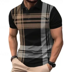 Online OUKU Men's Golf Shirt Golf Polo Work Casual Lapel Short Sleeve Basic Modern Plaid Button Spring & Summer Regular Fit Black White Red Navy Blue Golf Shirt