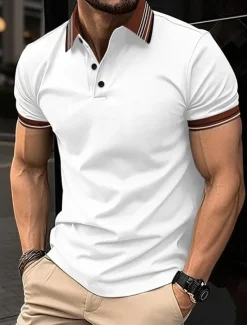Sale OUKU Men's Golf Shirt Golf Polos Shirts Work Casual Lapel Short Sleeve Basic Modern Stripes Patchwork Buttons Summer Regular Fit Light Pink Pinky Black White Dark Navy Sky Blue Golf Shirt