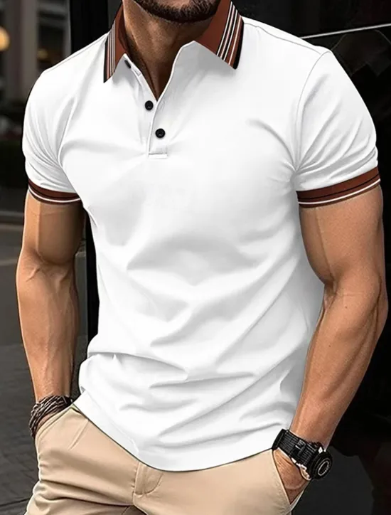 Sale OUKU Men's Golf Shirt Golf Polos Shirts Work Casual Lapel Short Sleeve Basic Modern Stripes Patchwork Buttons Summer Regular Fit Light Pink Pinky Black White Dark Navy Sky Blue Golf Shirt