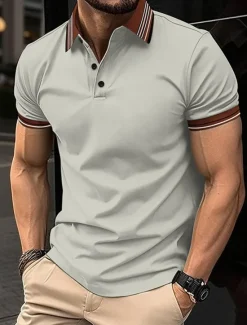 Sale OUKU Men's Golf Shirt Golf Polos Shirts Work Casual Lapel Short Sleeve Basic Modern Stripes Patchwork Buttons Summer Regular Fit Light Pink Pinky Black White Dark Navy Sky Blue Golf Shirt