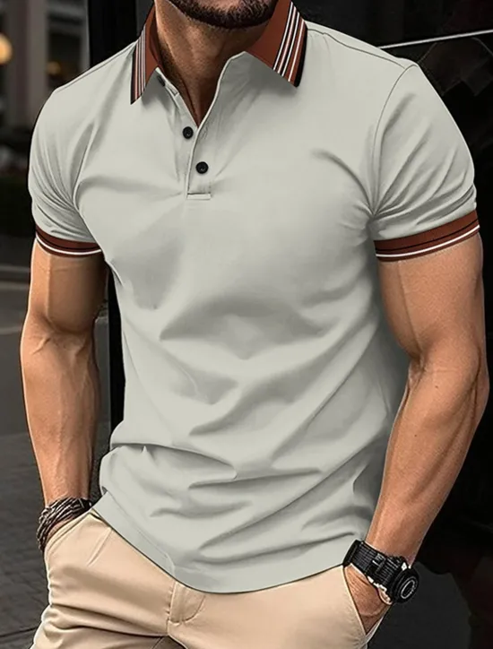Sale OUKU Men's Golf Shirt Golf Polos Shirts Work Casual Lapel Short Sleeve Basic Modern Stripes Patchwork Buttons Summer Regular Fit Light Pink Pinky Black White Dark Navy Sky Blue Golf Shirt