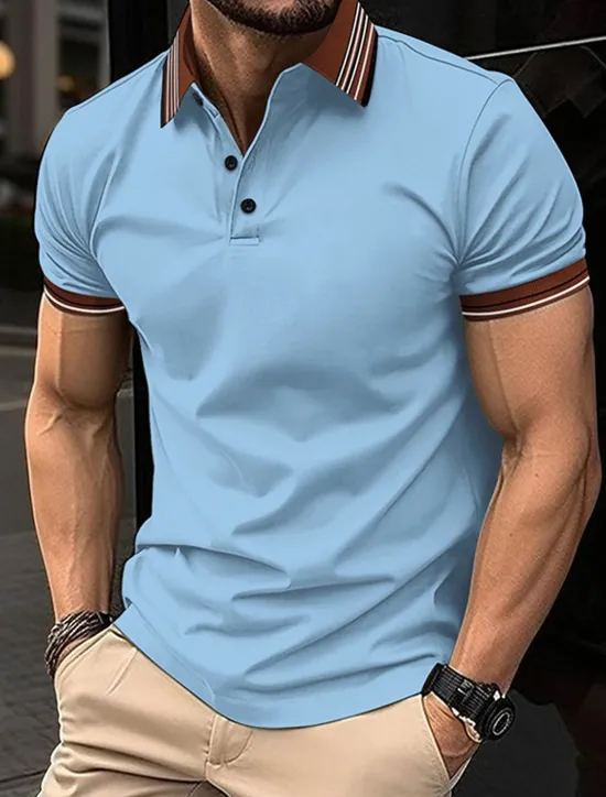 Sale OUKU Men's Golf Shirt Golf Polos Shirts Work Casual Lapel Short Sleeve Basic Modern Stripes Patchwork Buttons Summer Regular Fit Light Pink Pinky Black White Dark Navy Sky Blue Golf Shirt