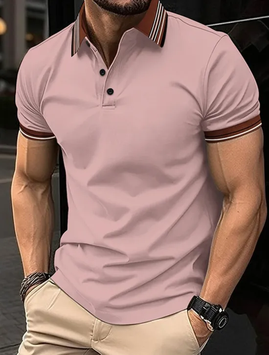Sale OUKU Men's Golf Shirt Golf Polos Shirts Work Casual Lapel Short Sleeve Basic Modern Stripes Patchwork Buttons Summer Regular Fit Light Pink Pinky Black White Dark Navy Sky Blue Golf Shirt