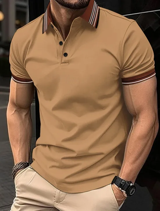 Sale OUKU Men's Golf Shirt Golf Polos Shirts Work Casual Lapel Short Sleeve Basic Modern Stripes Patchwork Buttons Summer Regular Fit Light Pink Pinky Black White Dark Navy Sky Blue Golf Shirt
