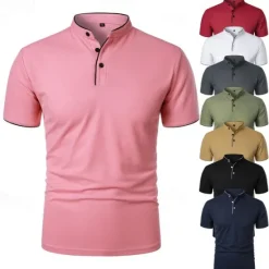 Hot OUKU Men's Golf Shirt Golf Polos Shirts Work Casual Stand Collar Short Sleeve Basic Modern Color Block Patchwork Buttons Spring & Summer Regular Fit Wine Black White Pink Navy Blue Green Golf Shirt